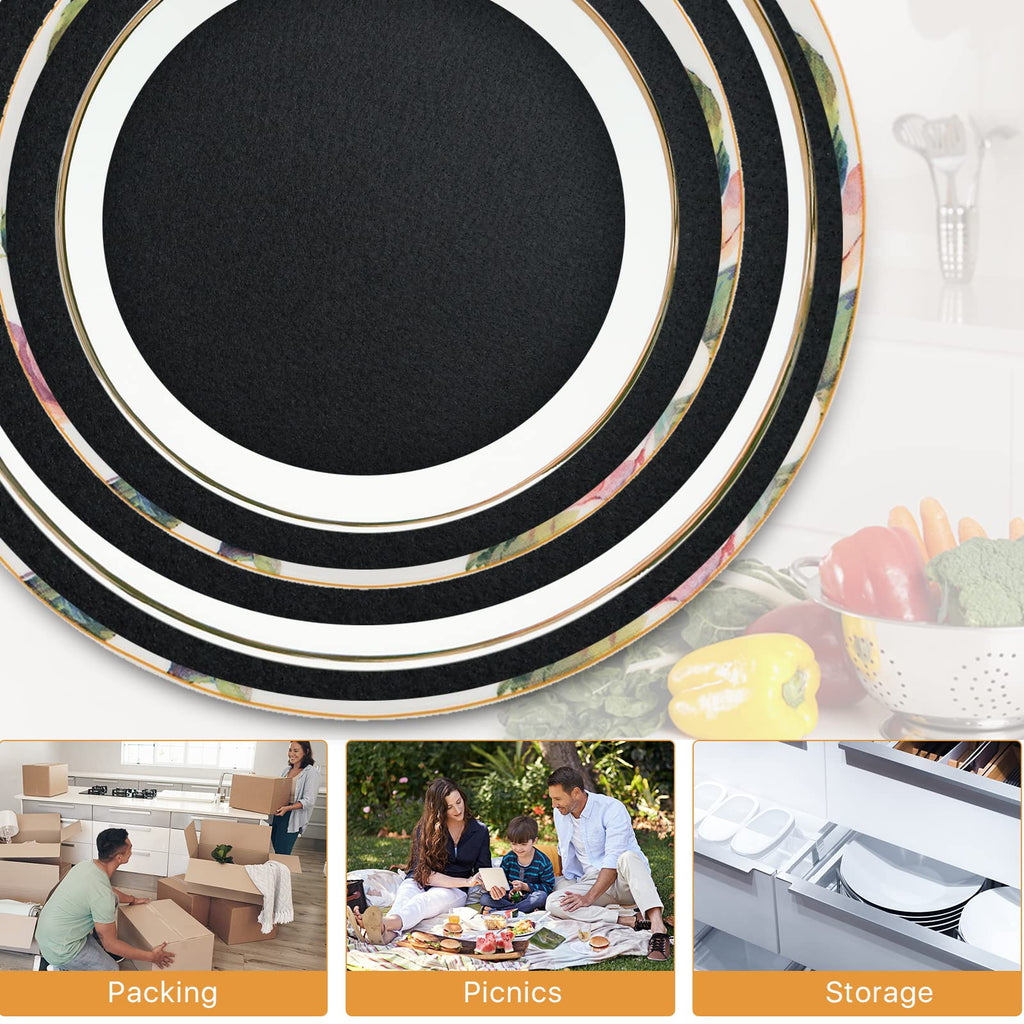 Aemygo 100 Pack Felt Plate Storage Dividers, Thick Felt Round Dish Storage Protectors Pads with 3 Sizes, Premium China Plate Separators for Packing Stacking Cookware, Black