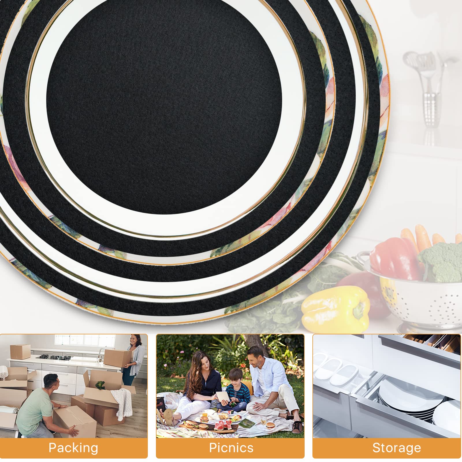 Aemygo 100 Pack Felt Plate Storage Dividers, Thick Felt Round Dish Storage Protectors Pads with 3 Sizes, Premium China Plate Separators for Packing Stacking Cookware, Black