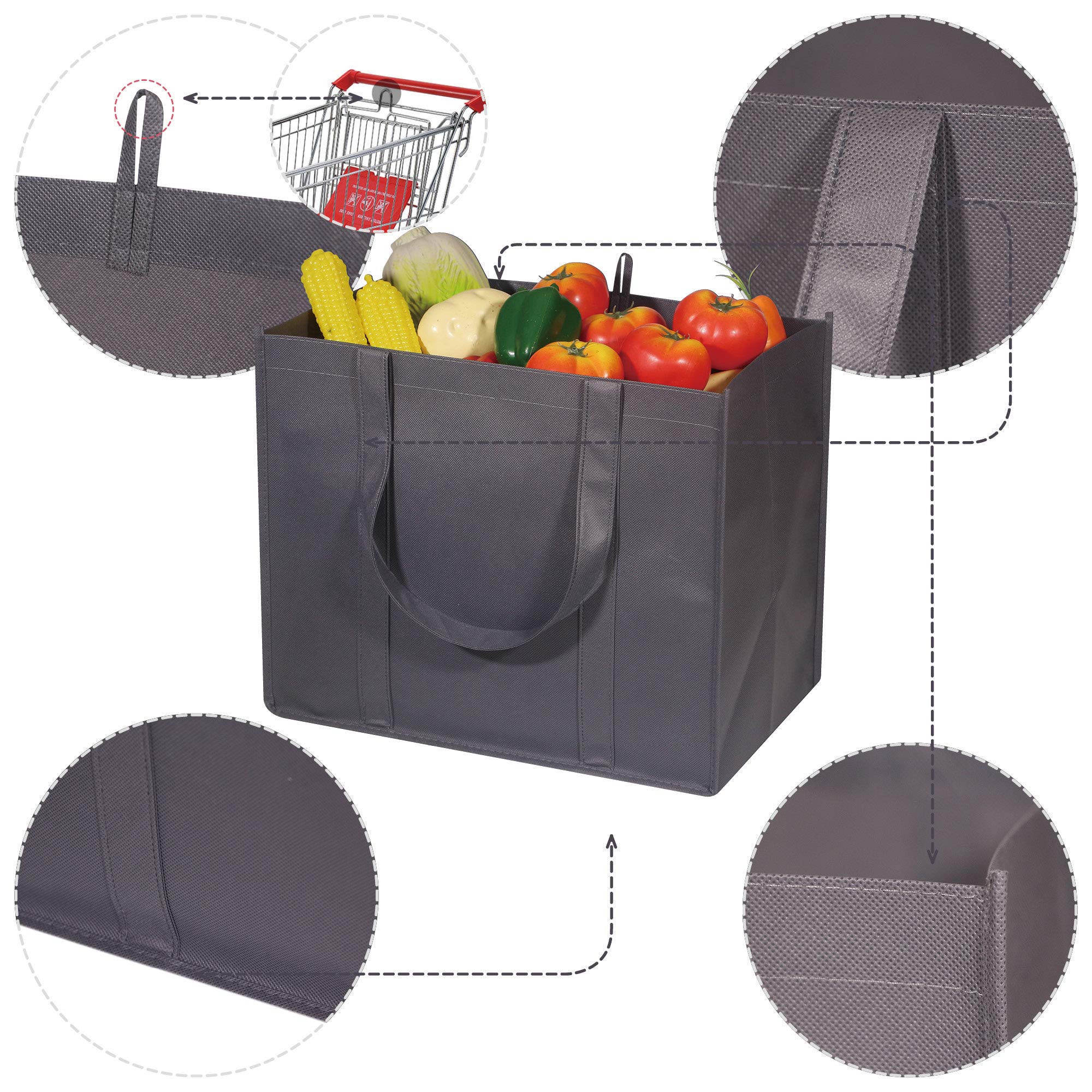 DIOMMELL 10 Pack Reusable Grocery Bags Extra Large Super Strong Heavy Duty Shopping Tote Bags with Reinforced Handles, Grey