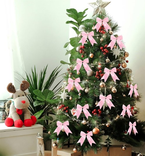 30 Pcs Pink Satin Ribbon Bows, Christmas Tree Bows Wreath Bows Tree Topper Bow for Garland Wreath Gift Wrapping Fireplace Coquette Wedding Party Decorations