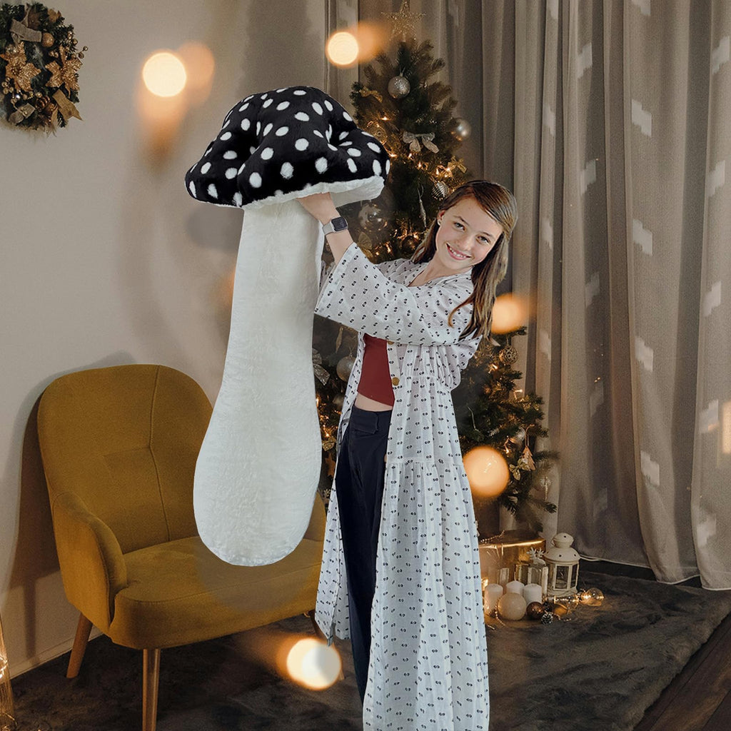Hofun4U Giant Mushroom Plush Pillow - 51 inch Mushroom Shaped Stuffed Long Body Pillow - Polka Dot Mushroom Plush - Christmas Birthday Gifts Choice Home Decoration (Black)