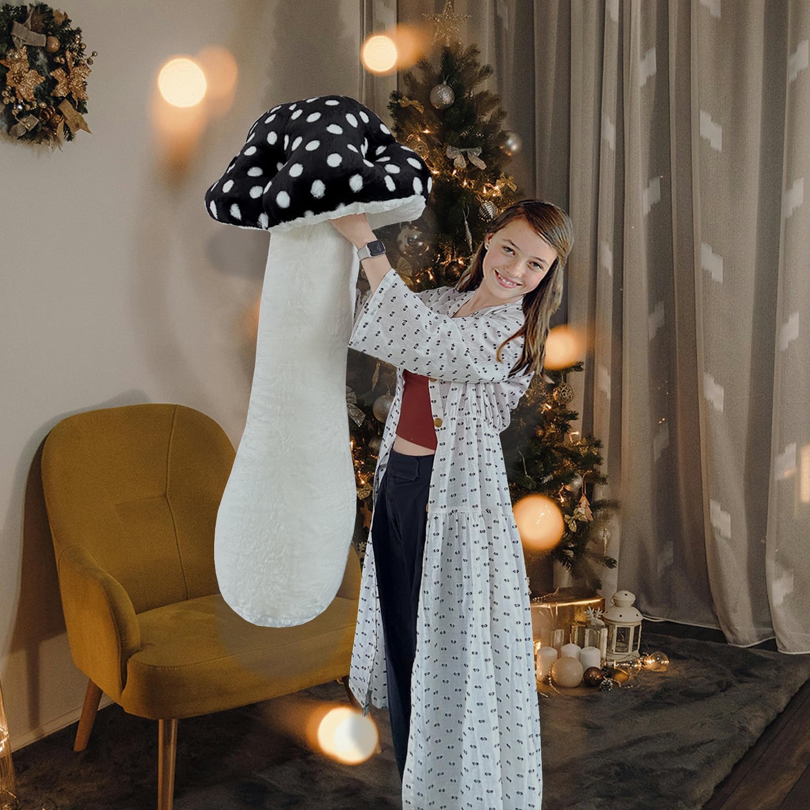Hofun4U Giant Mushroom Plush Pillow - 51 inch Mushroom Shaped Stuffed Long Body Pillow - Polka Dot Mushroom Plush - Christmas Birthday Gifts Choice Home Decoration (Black)