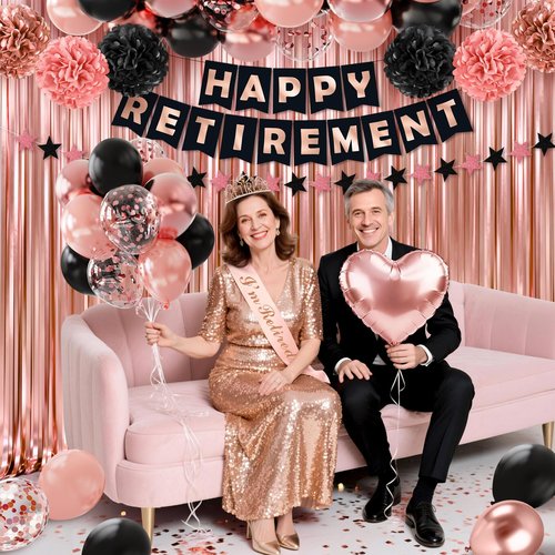 Retirement Party Decorations, 44Pcs Rose Gold Retirement Decorations for Women Include Happy Retirements Banner Retired Sash Crown Fringe Curtain & Foil Balloons for Women Retirements Decorations