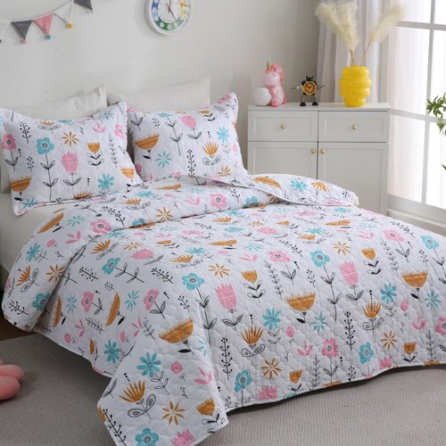Girls Pink Floral Quilt Set Twin Size Kids Bedding Sets Lightweight Summer Bedspread Soft Microfiber Breathable Bed Comforter All-Season