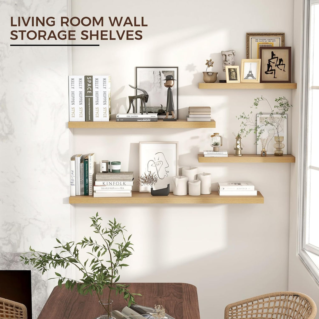 Venusmiles Floating Wall Shelves - 36-Inch Engineered Wood with Invisible Brackets | Oak Finish, Set of 2 for Home Decor