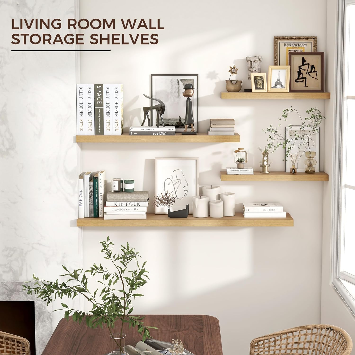Venusmiles Floating Wall Shelves - 36-Inch Engineered Wood with Invisible Brackets | Oak Finish, Set of 2 for Home Decor