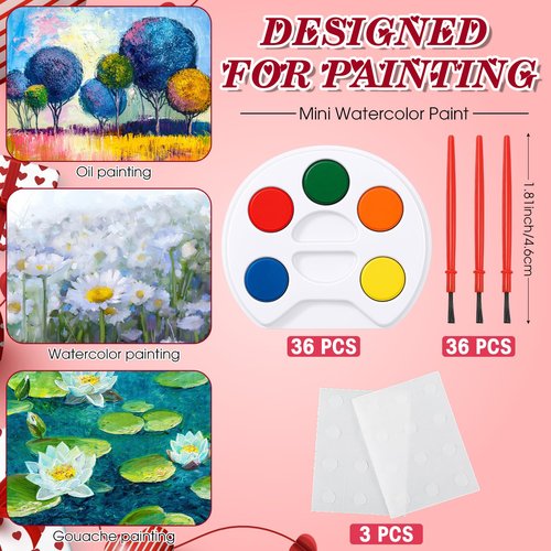 Sabary 18 Set Bulk Valentines Day Gifts Include Painting Valentines Day Card Watercolor Mini Paint Set with Seal Bags and Sheets Glue Points for Gift Party Favors