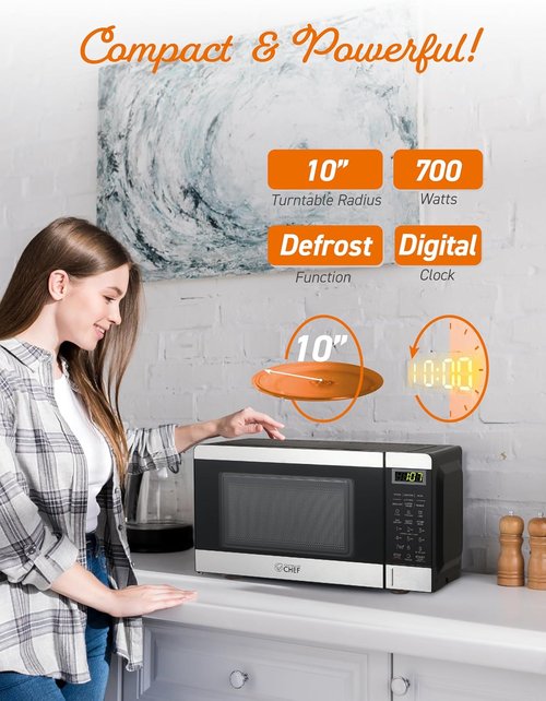 Commercial Chef 0.7 Cu Ft Microwave - 10 Power Levels, 700W, Digital Display, Stainless Steel