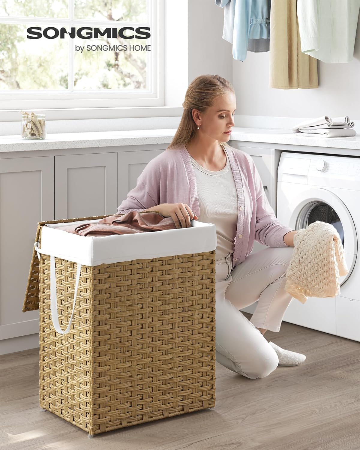 SONGMICS Laundry Hamper - 23.8 Gallon Synthetic Rattan Basket with Lid & Handles | Foldable, Goose Yellow