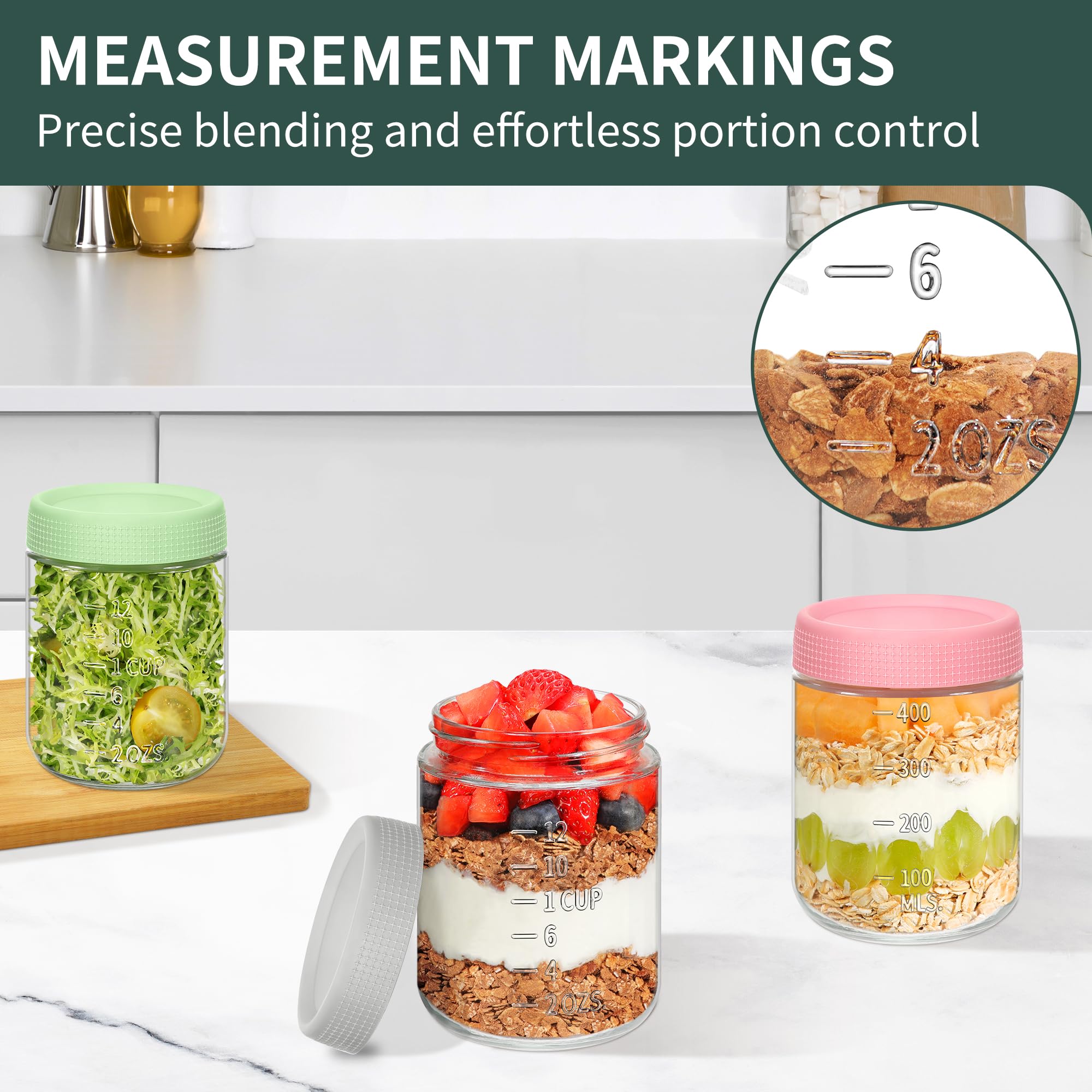 Xyptorix 4-Pack 16oz Overnight Oats Containers with Airtight Lids - Glass Mason Jars with Measurement Marks for Yogurt, Meal Prep & Chia Pudding, Stackable & Leakproof