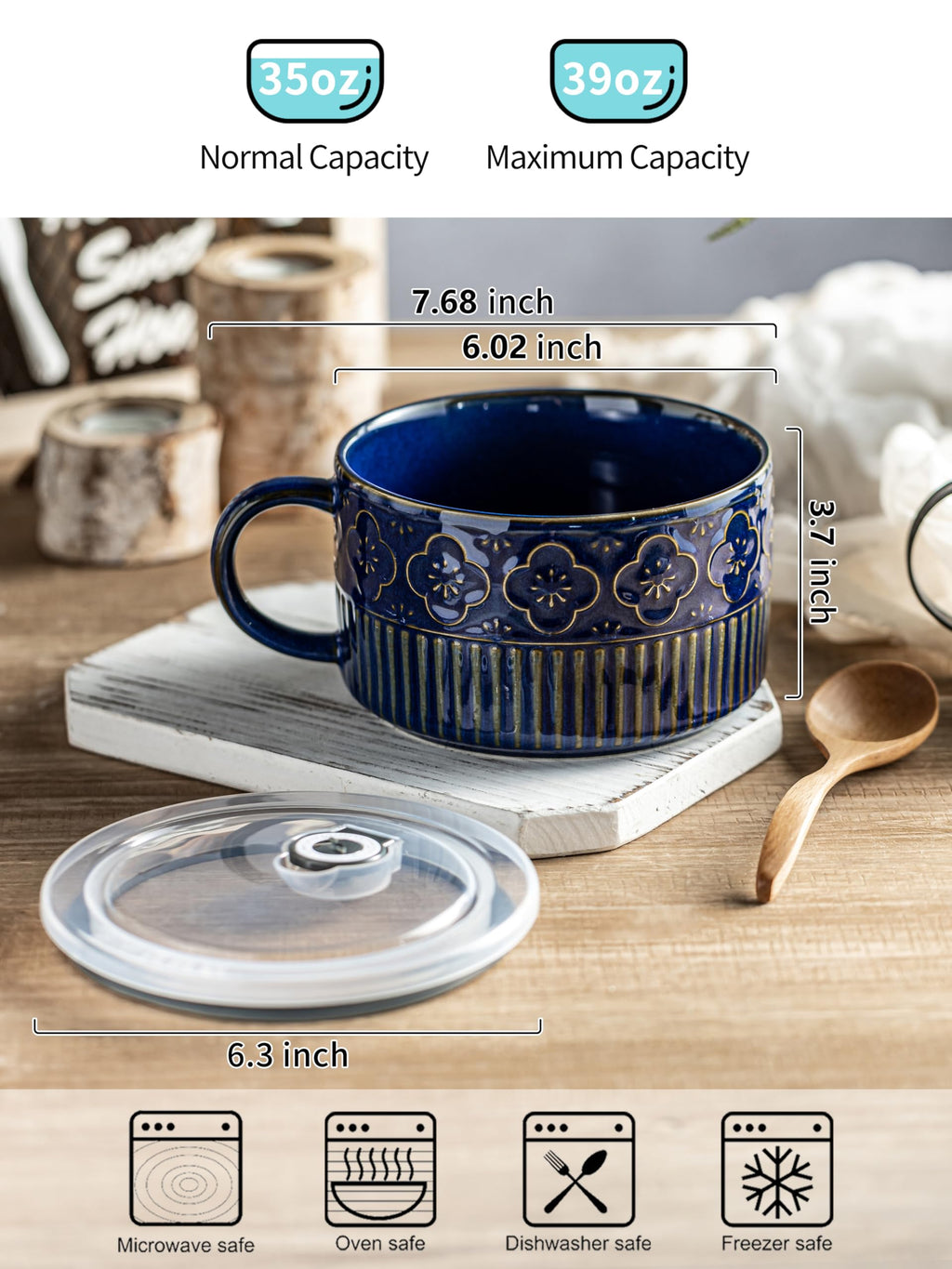 Gomakren Extra Large Soup Bowl with Handle, 39 Ounces Microwave Ramen Bowl, Ceramic Bowl with Lid for Father's Day, 6 Inch Soup Mug Cup for Cereal, Ramen, Instant Noodle, Cobalt Blue