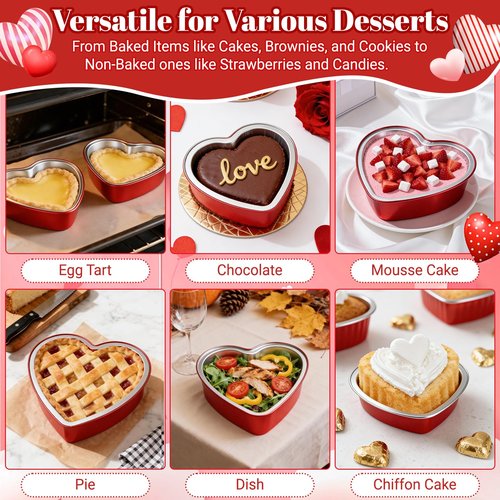 23 OZ Large Heart Shaped Cake Pans for Baking 15 Pack Aluminum Foil Baking Tins with Lids Red Desert Heart Cake Mold Disposable Ramekins Containers for Valentine's Day, Mother's Day, Wedding, Party