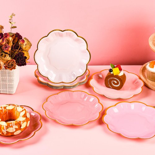 AimFun 24 Pcs Pink Party Plates Mothers Day Gradient Pink Dessert Paper Plates 7inch Gold Foil Scalloped Edge Disposable Cake Plates for Christmas Birthday Bridal Baby Shower Party Supplies