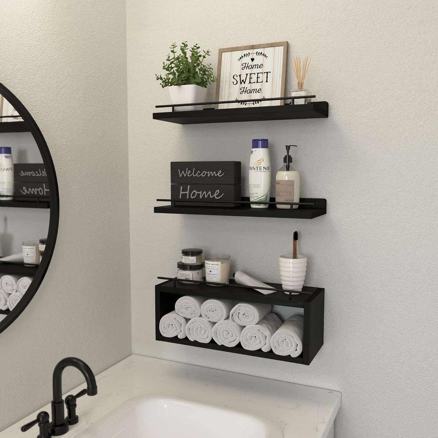 WOPITUES Floating Wall Shelves - Stylish Cube Shelf with Metal Rail for Bathroom Storage | Black