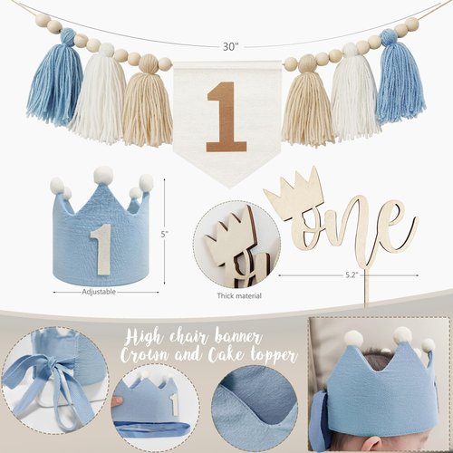 1st Birthday Decorations for Boy, First Birthday Party Supplies, Baby Boy First Bday Decorations, Balloon Boxes, Backdrop, High Chair Banner, Crown, Photo Banner