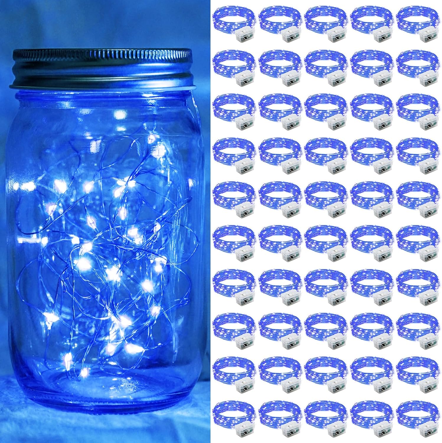 Blue Fairy Lights by [Brand Name] - 50 Pack 7Ft 20 LED Twinkle String Lights | Battery Operated & Waterproof for Weddings, Parties, and Holidays