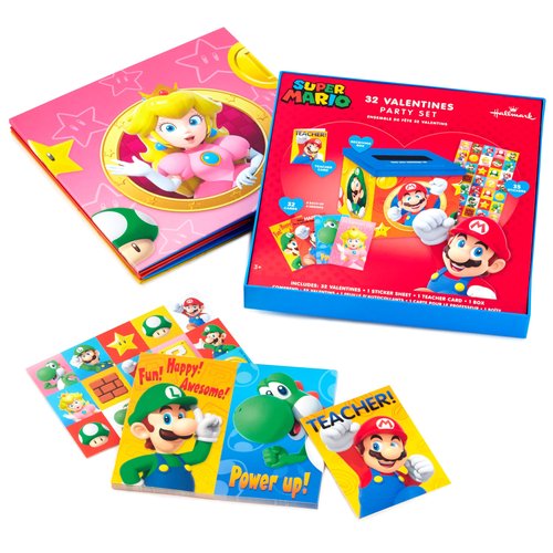Hallmark Super Mario Bros Valentines Day Cards and Mailbox for Kids School Classroom Exchange (1 Box, 32 Valentine Cards, 35 Stickers, 1 Teacher Card)