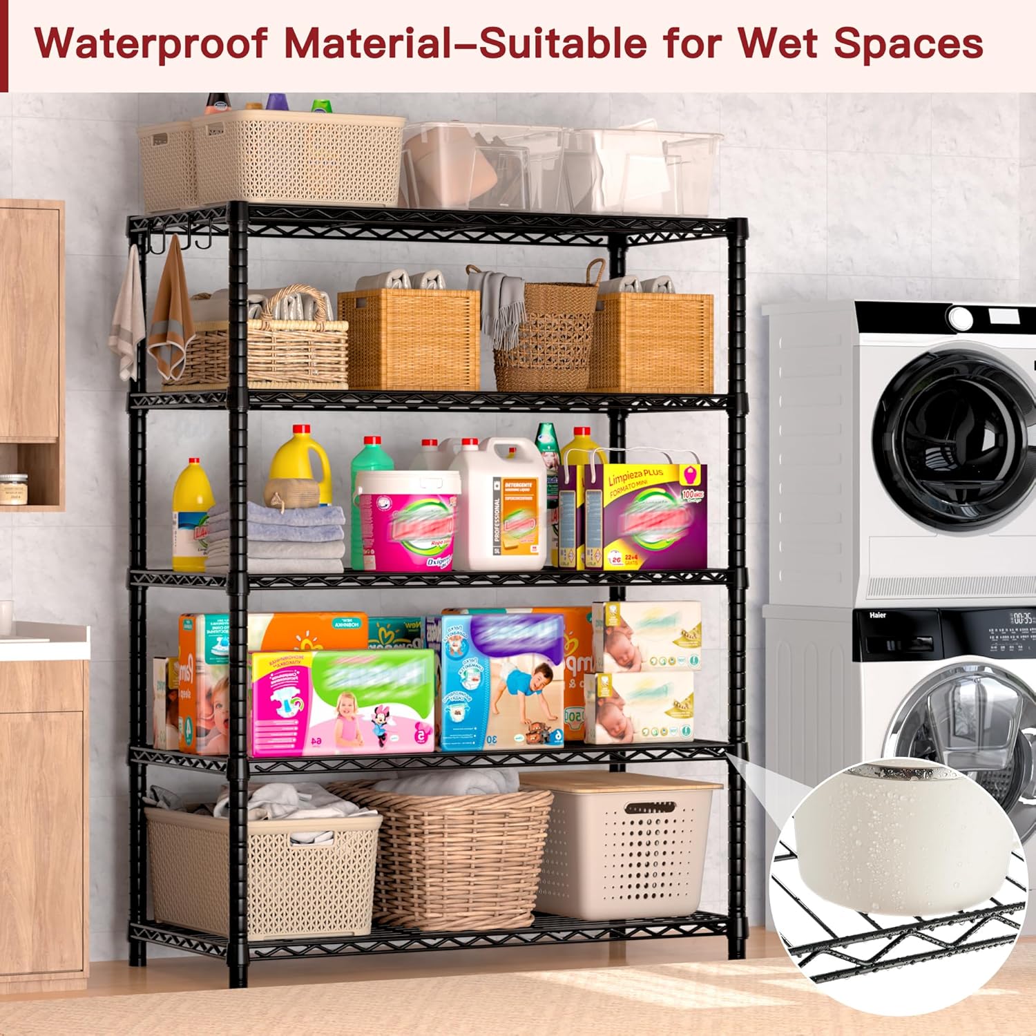 PrimeZone Wire Metal Storage Shelves - Heavy Duty 5-Tier Adjustable Garage Organizer Rack | NSF-Certified, 35.5" W x 14" D x 72" H, Black