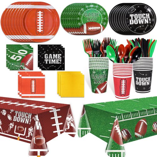 HOWAF 169pcs Football Party Supplies Kit, Football Plates Disposable Dinnerware Touchdown Napkins Plates Tablecloth Cups Knives Forks Spoons for Football Birthday Football Decorations Party Serve 24