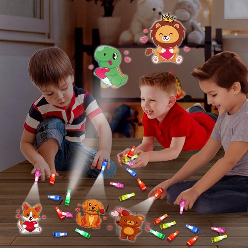 30 Pack Valentines Day Gifts for Kids Classroom Animal Finger Lights Toys with Valentine Day Cards for Kids School, Valentines for Class Exchange Cards Gifts Prizes Party Favors for Boys Girls