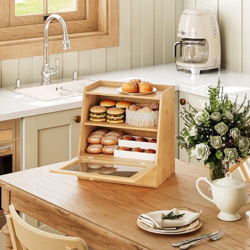 HOOBRO Bread Box, Bamboo Bread Box Storage Container with Drawer, 2-Tier Kitchen Countertop Food Storage Box with Acrylic Door, for Food, Natural YL21MB01