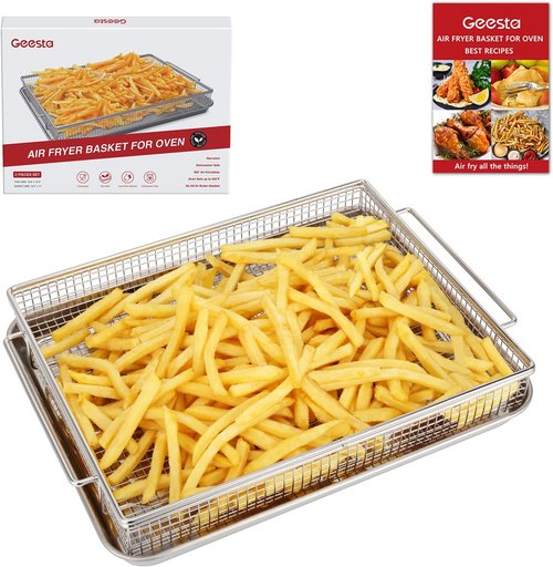 Geesta Air Fryer Basket - Nonstick Crisper Tray & Basket Set with 50 Recipes | 12.5” x 9.5” for Healthy Cooking