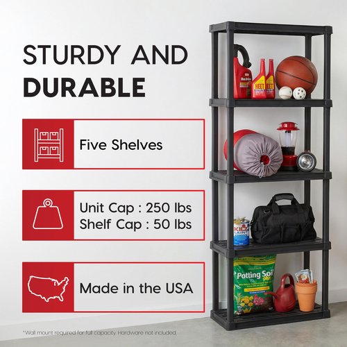 IRIS USA 5-Shelf Light Duty Plastic Storage Shelves, 250lb Capacity, 64" H x 24" W x 12" D, Medium Modular Shelving Unit Storage Organizer for Bathroom, Laundry, Garage & Home, Storage Rack - Black