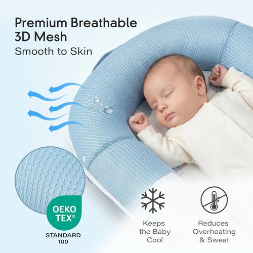 JollyBoo® Deluxe Infant Lounger Pillow - Portable Bamboo-Cotton Baby Nest with Sunshade & Toys | Soft, Breathable Mesh for Ages 0-24 Months (Blue Elephant)