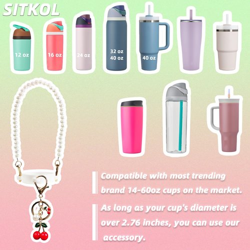 Handle Strap and Cherry Charm Set for Owala Water Bottle 24 oz, 32 oz, 40 oz, Owala Kids, Owala Coffee Tumbler, Owala FreeSip, for Owala Accessories & Stanley Cup Accessories (Beaded White)