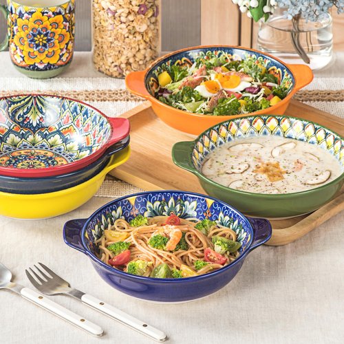 Henten Home Porcelain Pasta Bowls with Handle - 30 oz Ceramic Soup Bowls Set of 6, Colorful Serving Dishes for Salad, Cereal, Dinner, Bohemian Style, Microwave & Dishwasher Safe