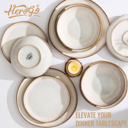 Herogo Stoneware Dinnerware Sets, 12 Piece Dinner Dishes Set for 4, Ceramic Plates and Bowls Dishware, Tableware Includes Dinner Salad Plates, Soup Bowls, Microwave & Dishwasher Safe, Pearl White