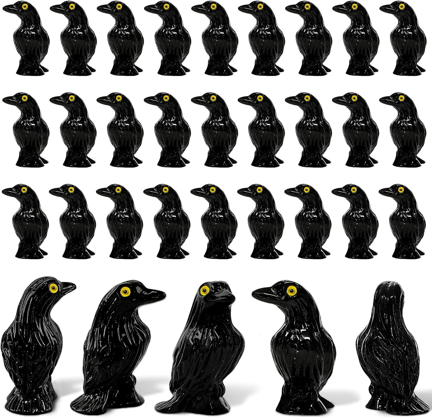 Skiennix Miniature Crows Figures - 36pcs Tiny Black Raven Figurines for Halloween Decor & Cupcake Toppers