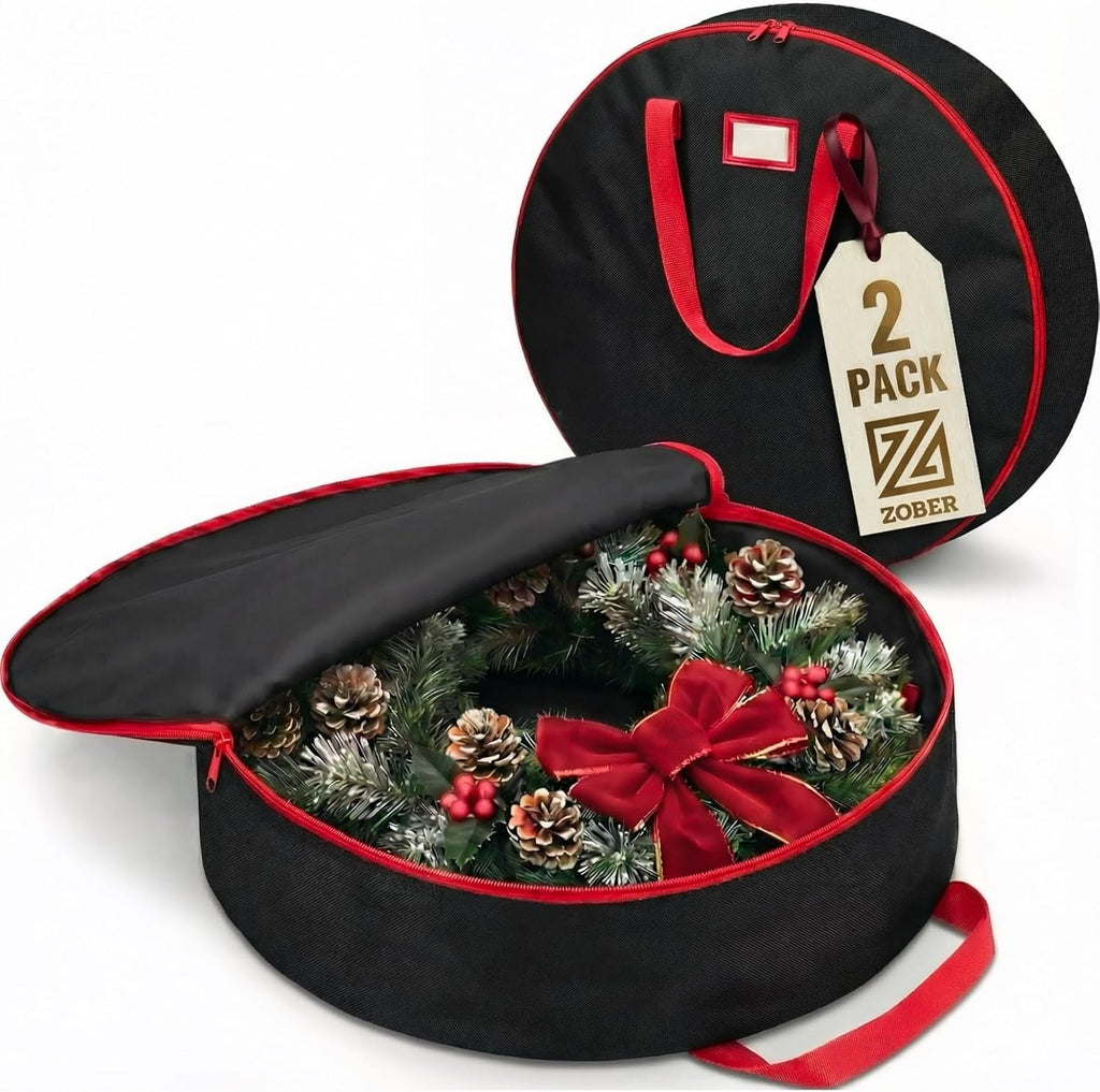 ZOBER Oxford Christmas Wreath Storage Container - 48 Inch Waterproof Bag with Dual Zippers & Durable Handles - Black