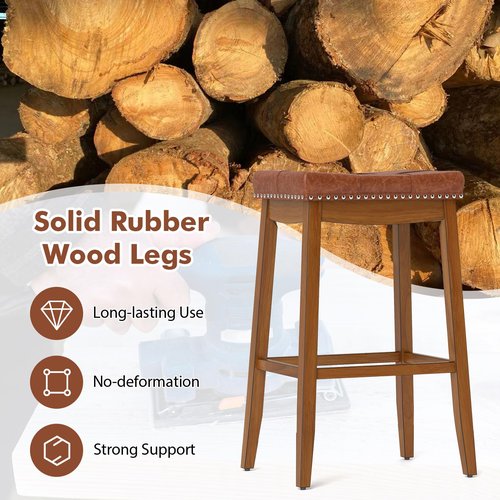 COSTWAY Saddle Bar Stools Set of 2, 29-Inch Bar Height Barstools w/PU Leather Seat, Solid Rubber Wood Frame, Footrest, Mid-Century Backless Bar Stools for Kitchen Island Home Bar