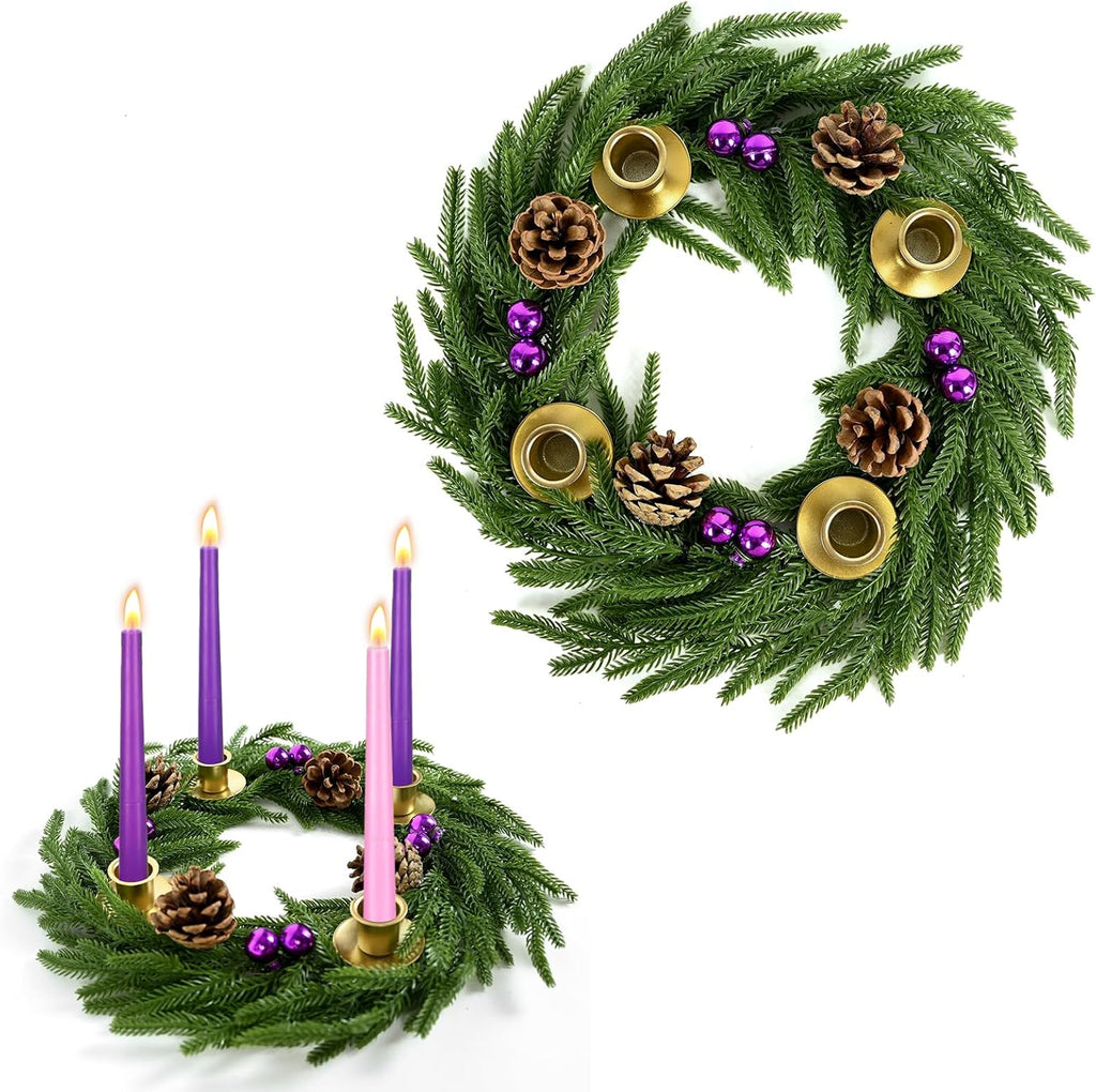 Norfolk Pine Advent Wreath - Purple Berries & Pinecones | Elegant Holiday Centerpiece Decor
