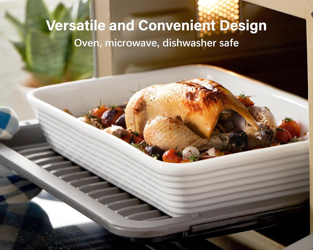 ONEMORE Ceramic Baking Dish - 9x13 Large Rectangular Casserole Pan for Lasagna & Family Meals - Ribbed White Bakeware