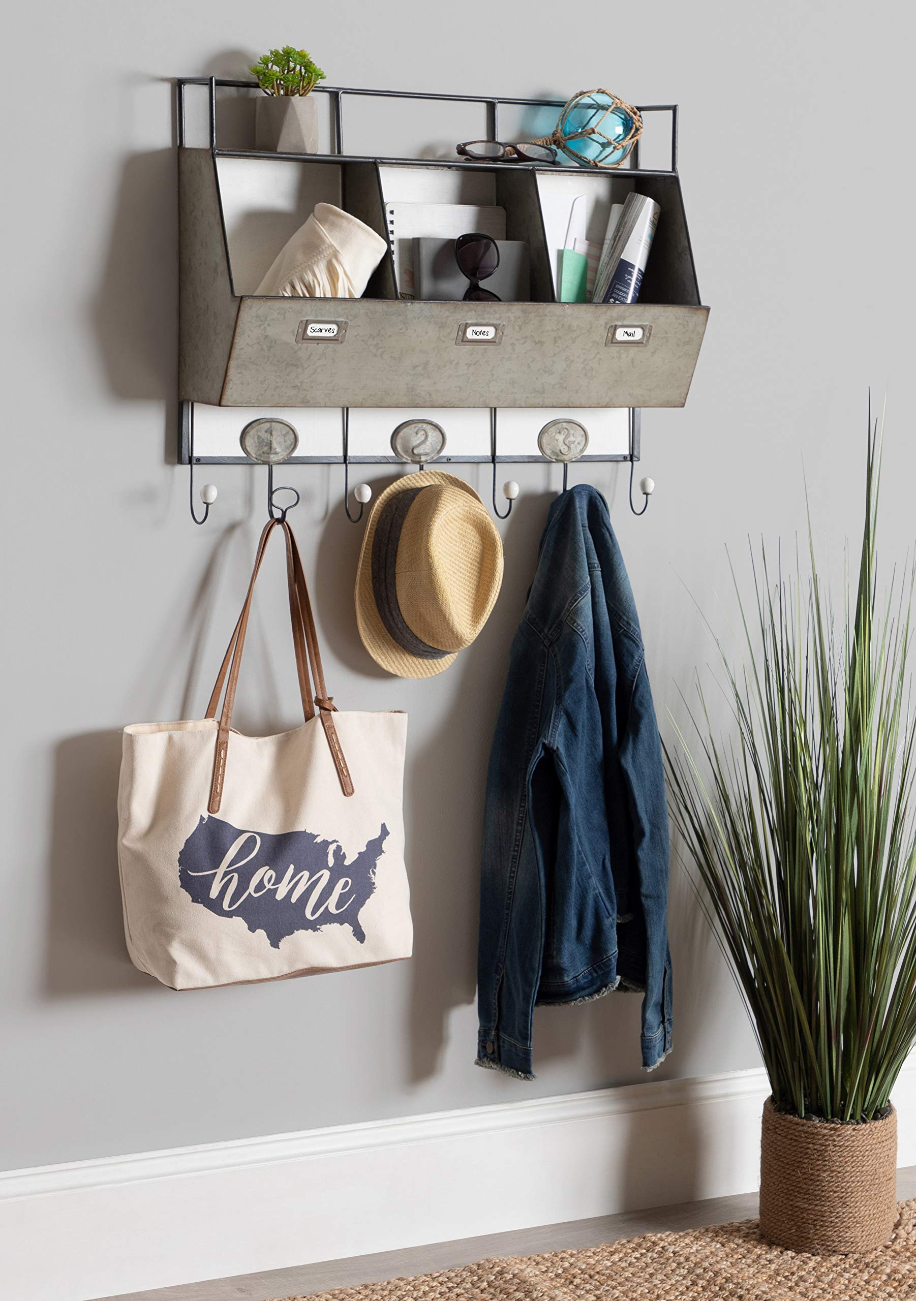 Kate and Laurel Arnica Antique White Wood and Metal Wall Storage Pockets with Hooks