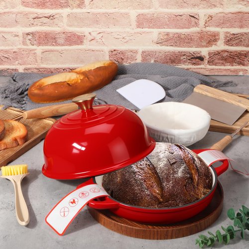 Reallnaive 8 Pcs Enameled Bread Dutch Oven with Lid for Sourdough Baking Oven Enameled Cast Iron Dutch Pot with Bread Proofing Basket Baking Supplies Set for Kitchen Homemade Roasting(Red,5 Quart)