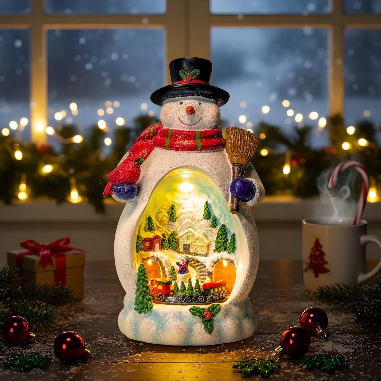 Snowman Figurine | Lighted Christmas Village with Animated Train - Battery/USB Powered Holiday Decor