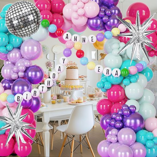 178pcs Pink Purple Blue Balloon Garland Disco Ball Custom Bracelet Banner Kits For Teenage Party Decorations Music Fans Princess Themed Photo Backdrop Birthday,Bachelorette Party