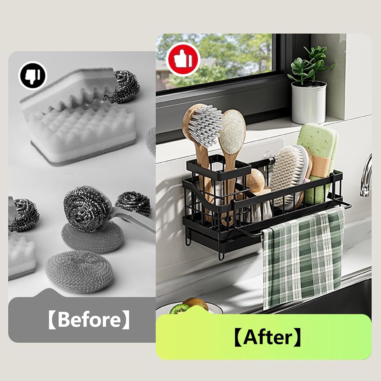 Skiennix Kitchen Sink Caddy Organizer - Rustproof Sponge Holder & Multi-Functional Soap Dispenser | Countertop Storage Solution