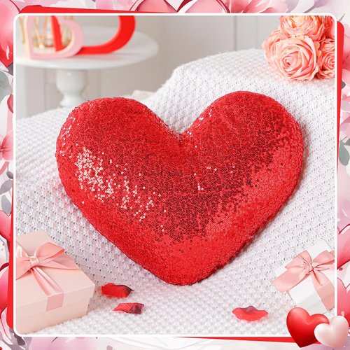 Yookeer Glitter Sequins Heart Shaped Pillow 14'' x 12'' Valentine's Day Decorative Sparkling Throw Pillows Solid Soft Shiny Cushion for Women Valentine Wedding Anniversary Bed Couch Decor(Red)