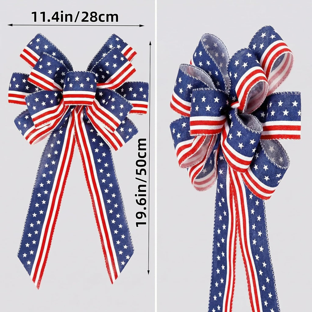Skiennix Memorial Day Decorations - Patriotic Stripe Stars Wreath Bow for Front Door | Red, White & Blue Tree Topper Bows