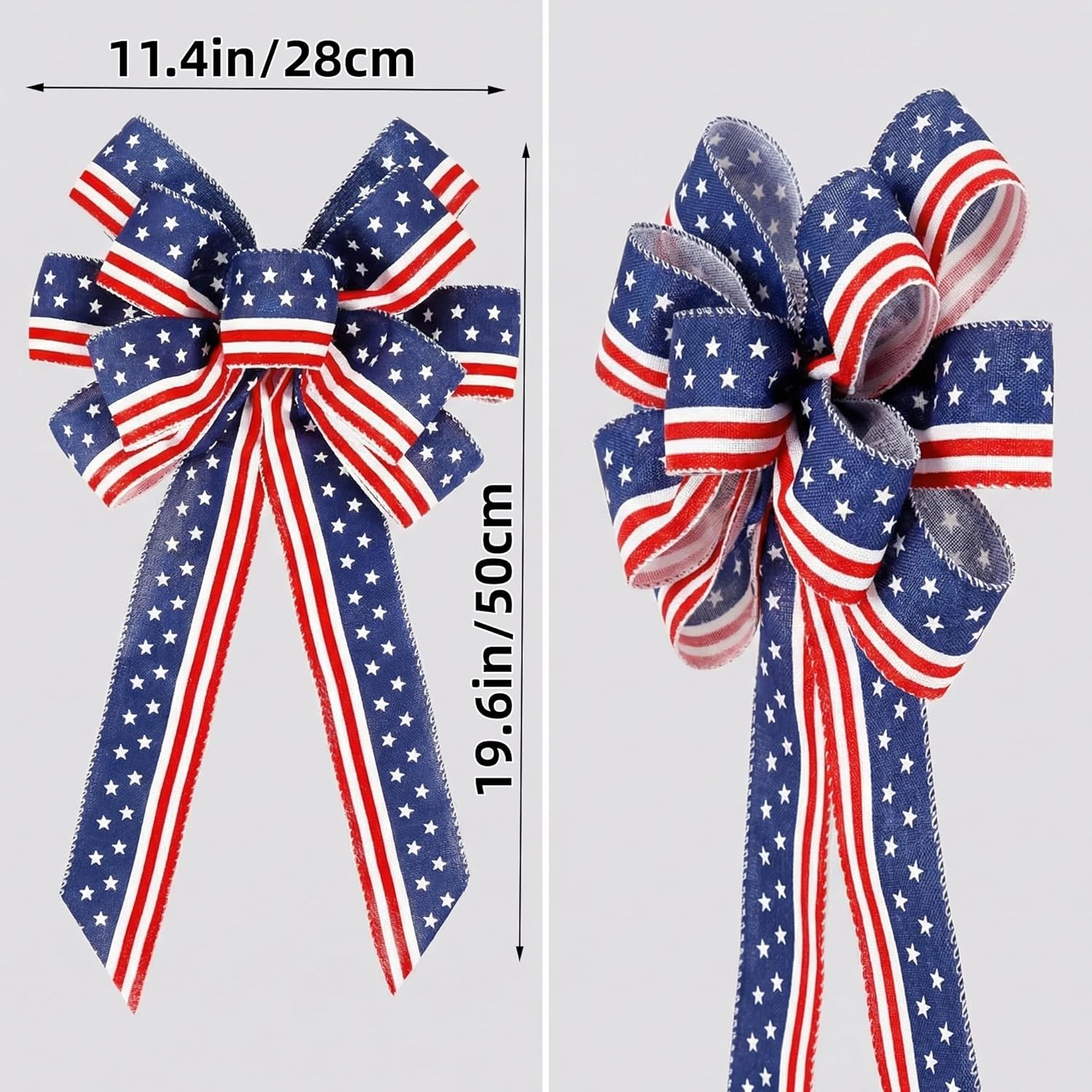 Skiennix Memorial Day Decorations - Patriotic Stripe Stars Wreath Bow for Front Door | Red, White & Blue Tree Topper Bows