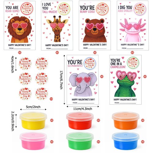 30 Pack Valentines Day Gifts for Kids, Cute Valentines Day Cards for Kids Classroom with Play Dough and Stickers, Valentine Exchange Cards Bulk for School Boys Girls Class Gifts Exchange, Party Favors