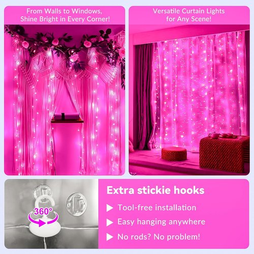 HXWEIYE 300LED Fairy Curtain Lights - 9.8x9.8Ft USB Plug-In with Remote | 8 Modes for Bedroom & Wedding Decor - Pink