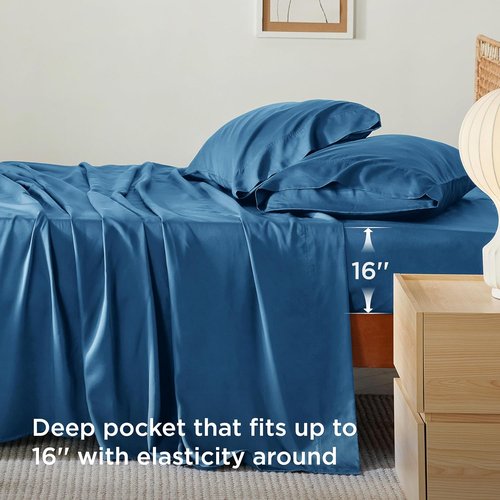 Bedsure King Size Cooling Sheets Set - Breathable Rayon from Bamboo, Soft & Luxurious, Deep Pocket Teal