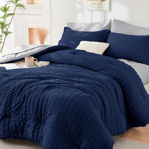 HYMOKEGE Queen Comforter Set - Navy Blue & Light Grey Seersucker - 7-Piece All-Season Luxury Bedding Set