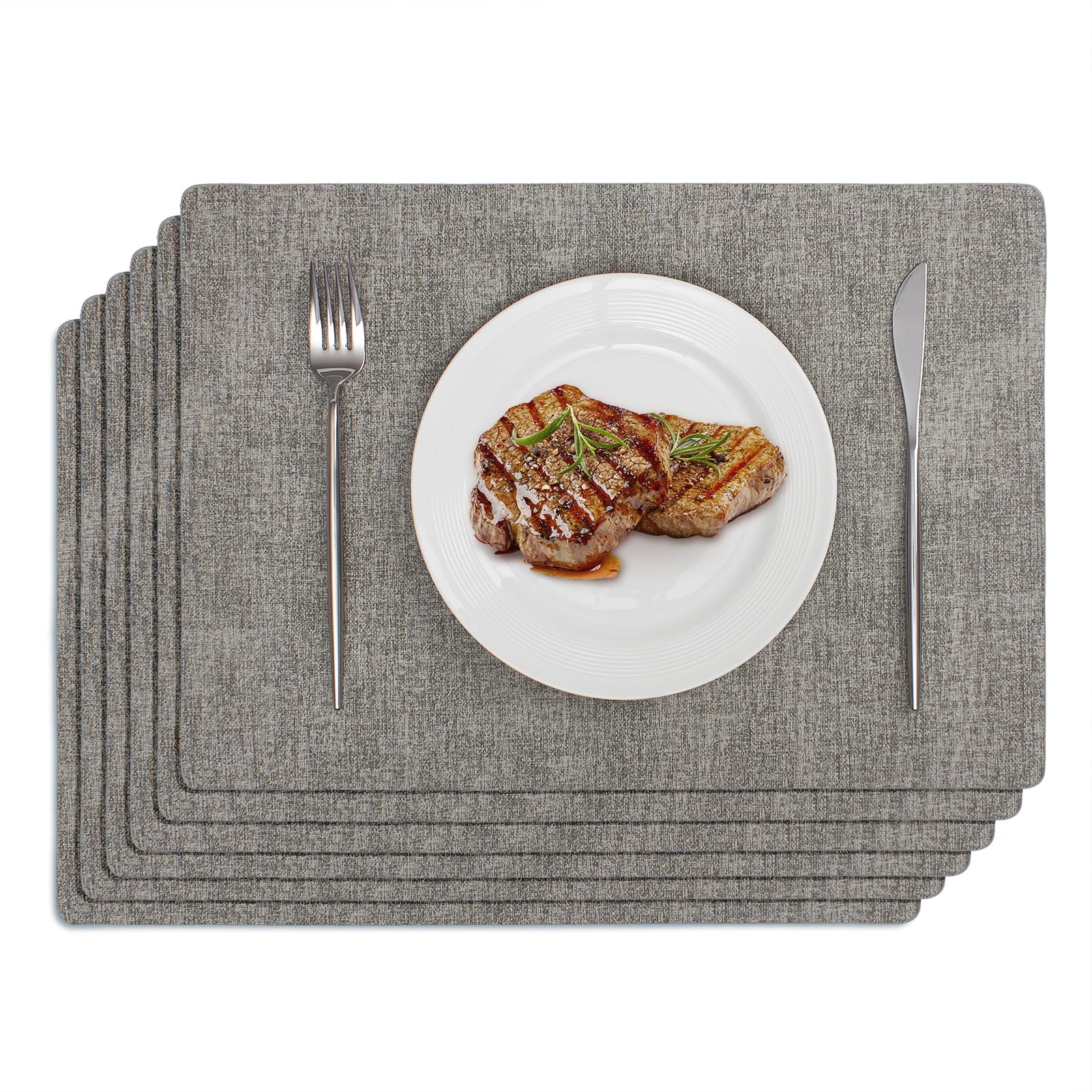 Softalker Vinyl Placemats Set of 6 - Faux Leather Heat Resistant Place Mats, 100% Waterproof Oilproof Wipe Clean Table Mats for Indoor & Outdoor Use, 17’’×12’’, Light Grey