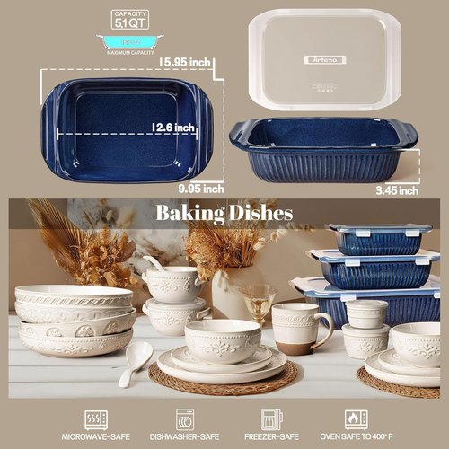 Artena Baking Dish - 5.1 Quart White Ceramic Casserole Pan with Handles | Deep Lasagna Bakeware, Blue